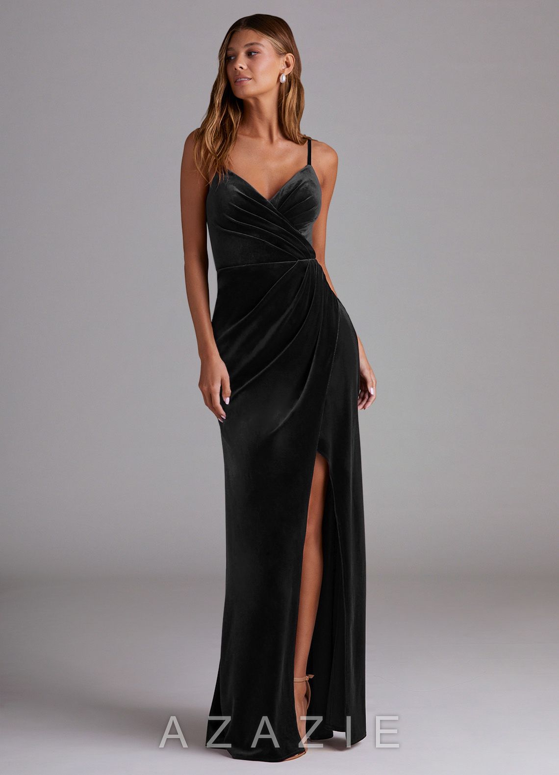 Azazie Maci Black Sheath Pleated Velvet Dress black