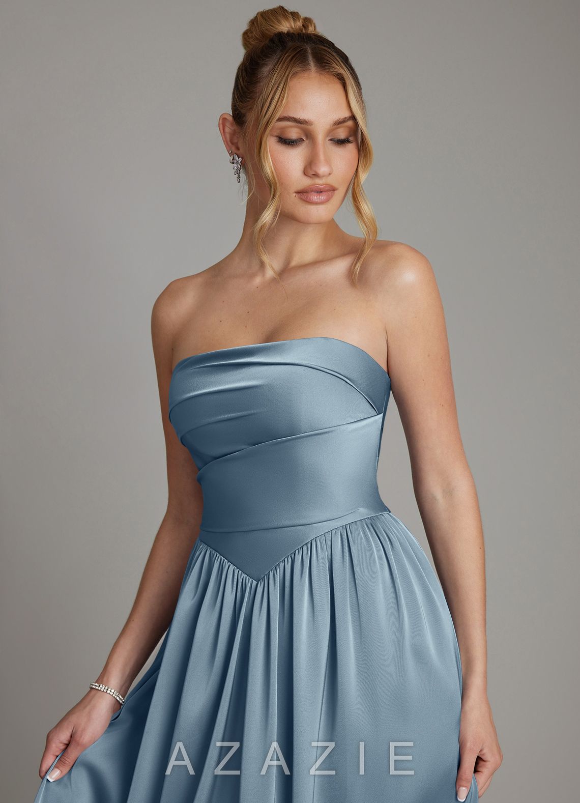 Azazie Zena Dusty Blue A-Line Strapless Stretch Satin Dress dusty_blue
