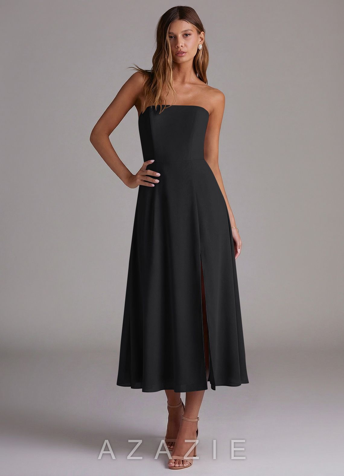 Azazie Wren Black A-Line Strapless Chiffon Dress black