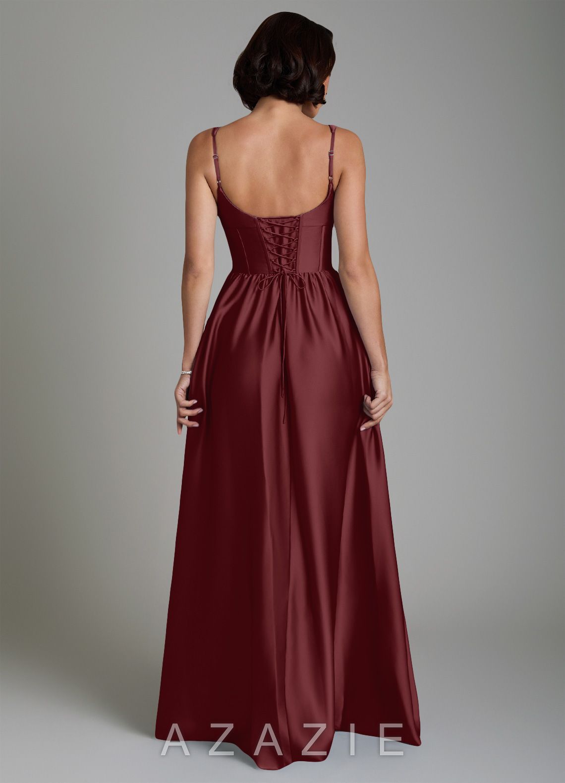 Azazie Mona Cabernet A-Line Corset Stretch Satin Dress cabernet
