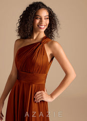 Azazie Charlize Auburn A-Line One Shoulder Metallic Satin Dress auburn