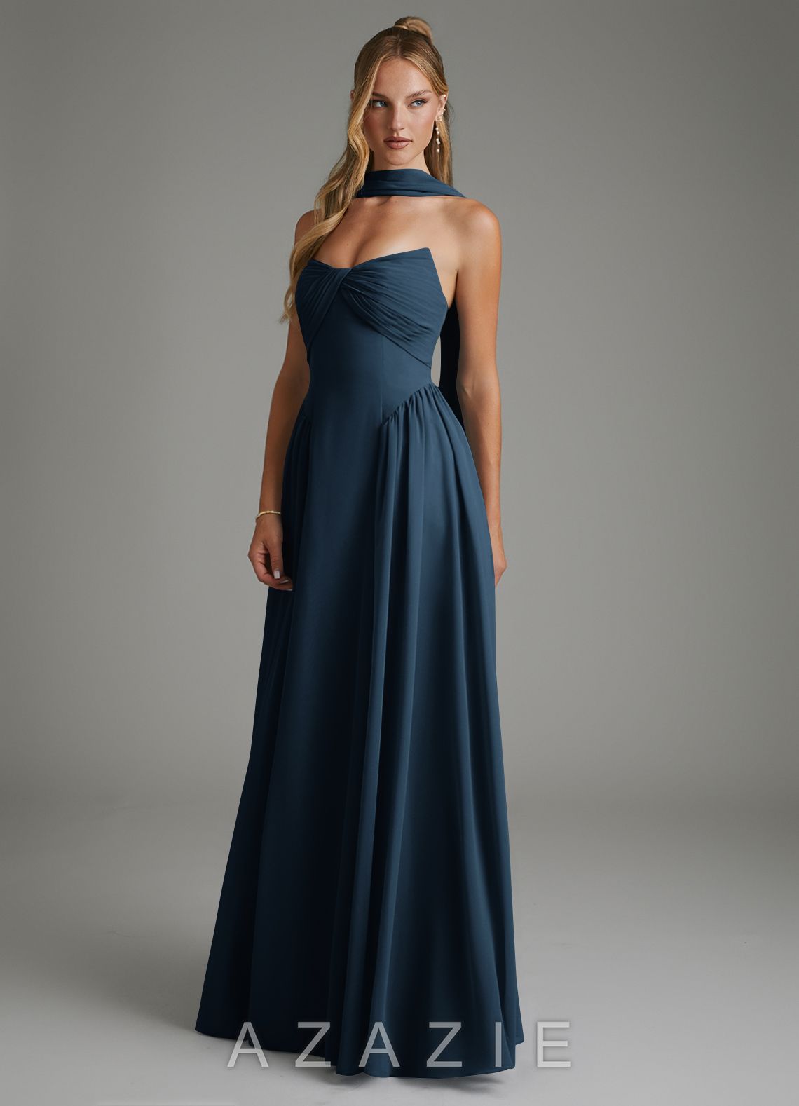 Azazie Evan Dark Navy A-Line Strapless Chiffon Dress dark_navy