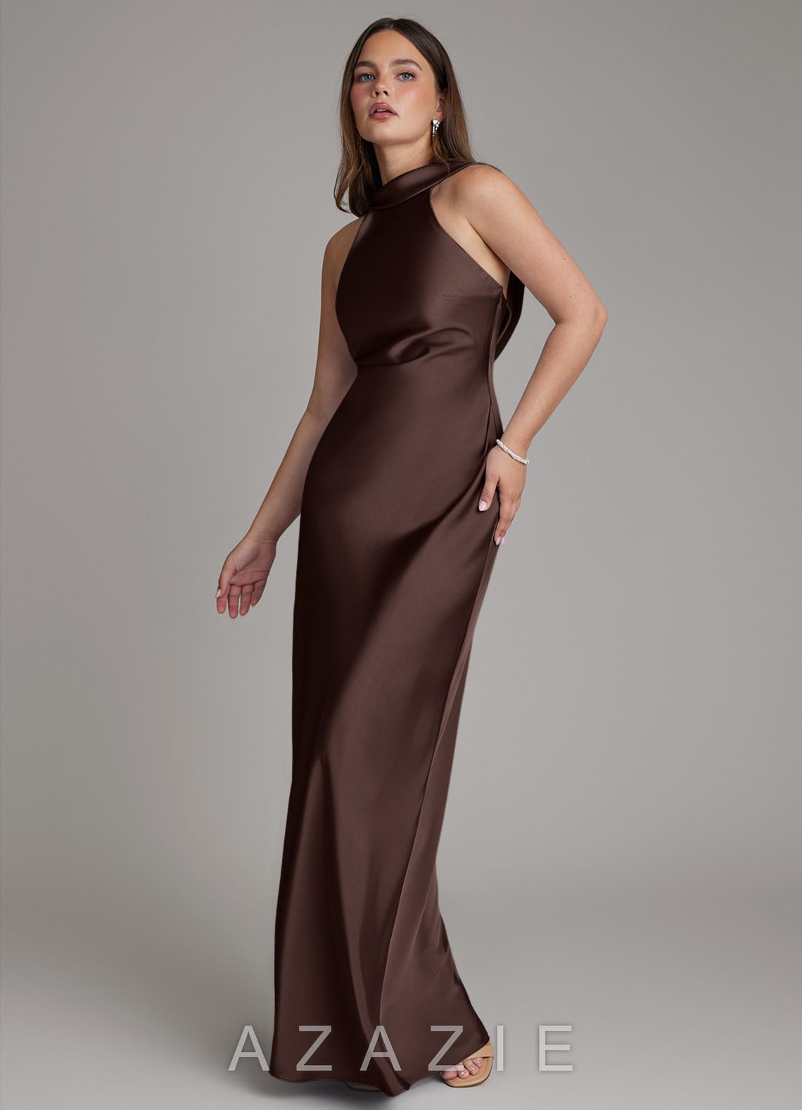 Azazie Dimitra Ganache Sheath Pleated Stretch Satin Dress ganache