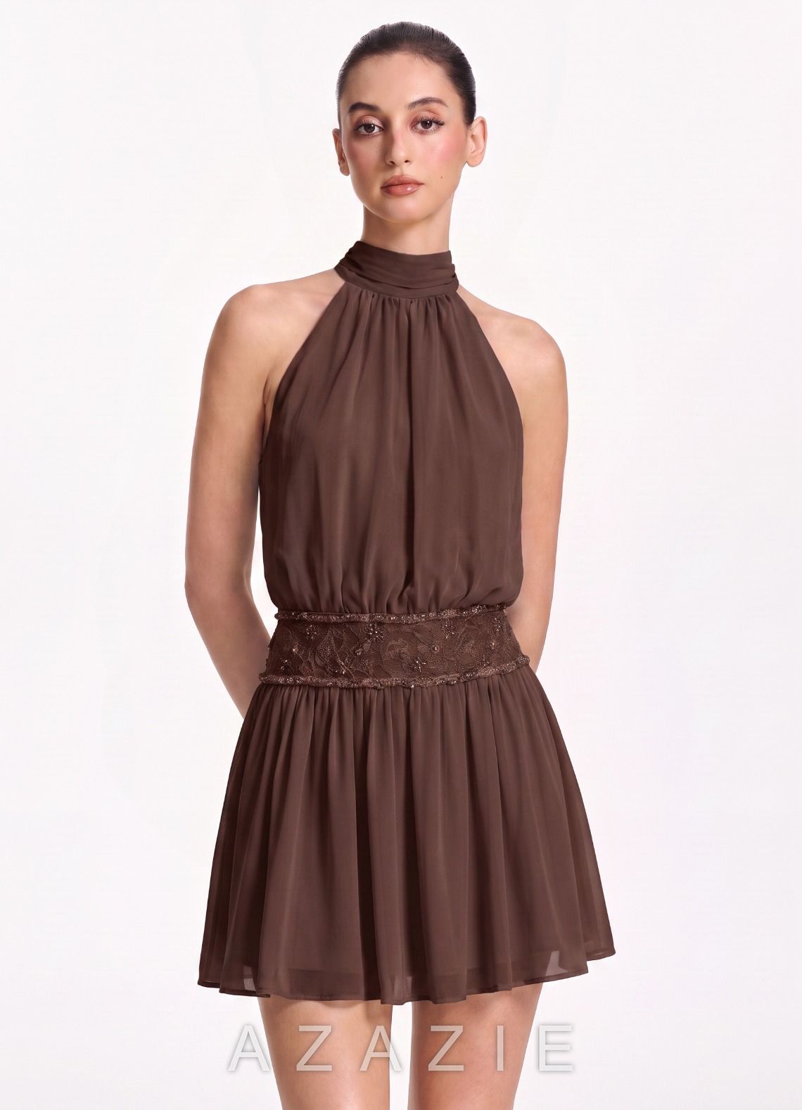Rosalinde Ganache Halter Chiffon Beaded Waist Back Bow Mini Dress