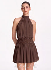 Rosalinde Ganache Halter Chiffon Beaded Waist Back Bow Mini Dress