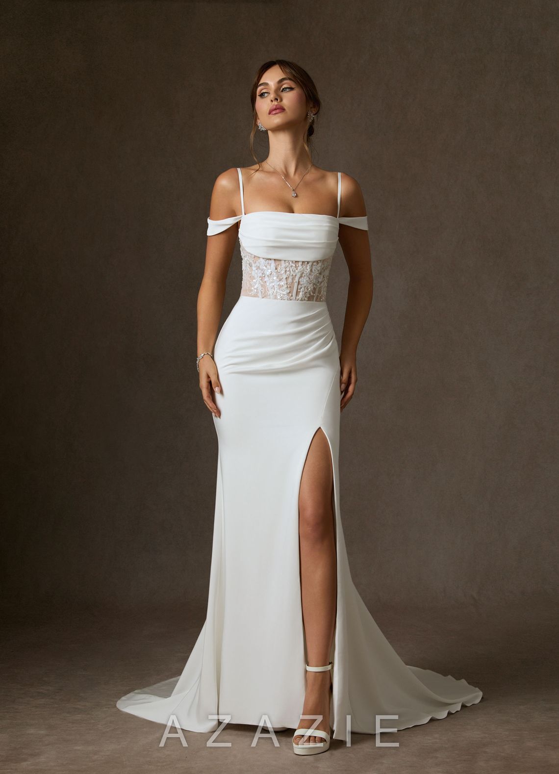 Azazie Alyce Diamond White Nude Mermaid Off the Shoulder Crepe Back Satin Dress