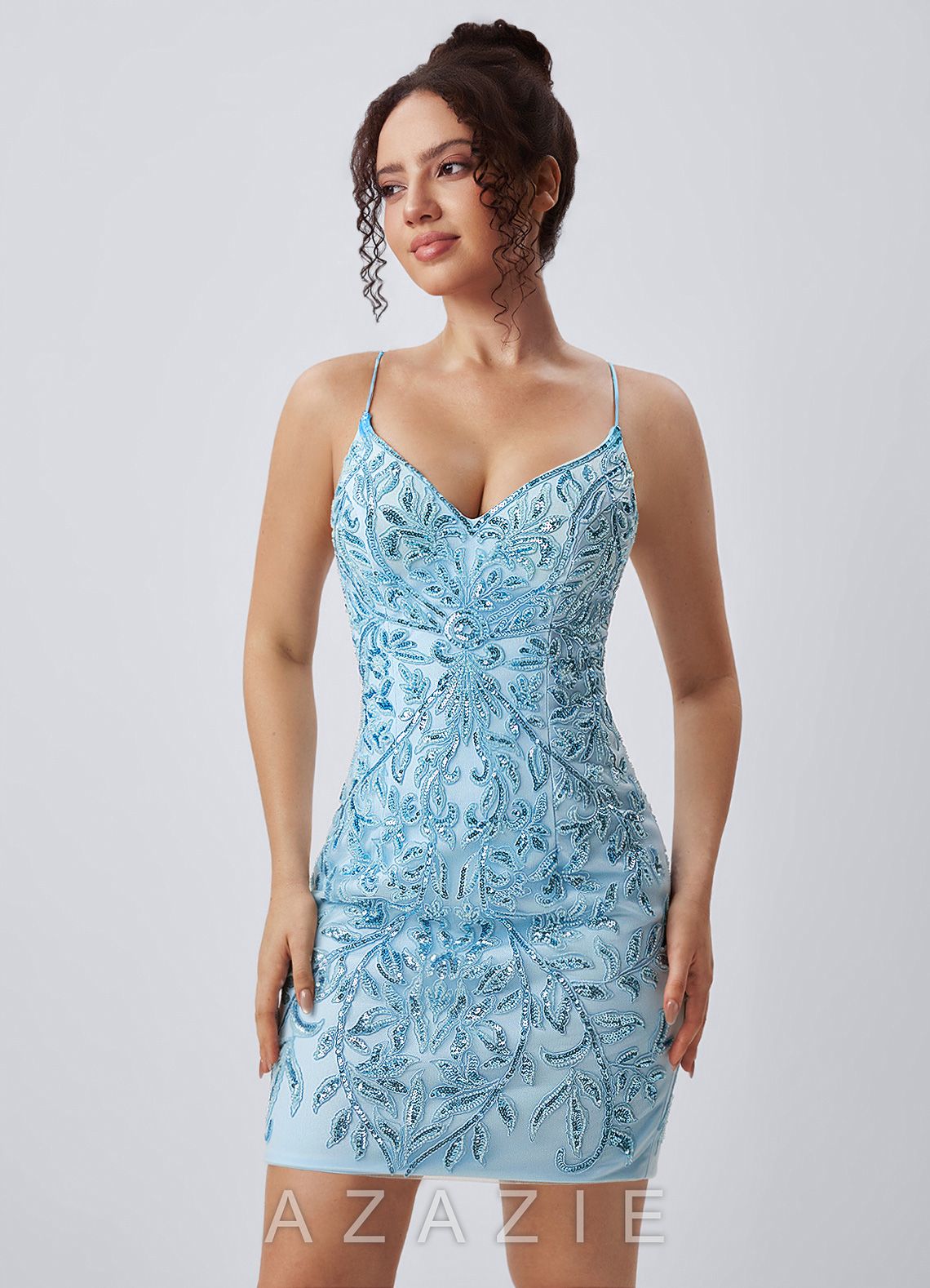 Liliane Sky Blue Spaghetti Strap Sequin Leaf Lace-Up Mini Dress