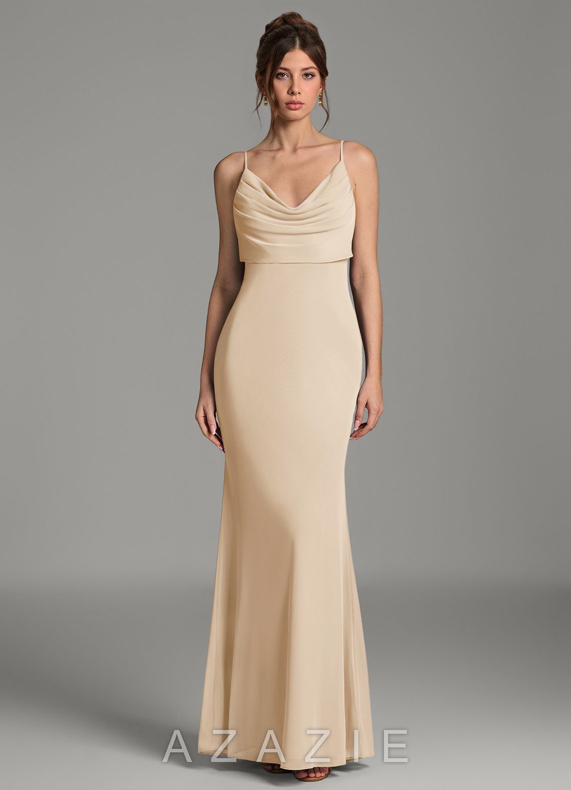 Azazie Zari Champagne Mermaid Pleated Mesh Dress champagne