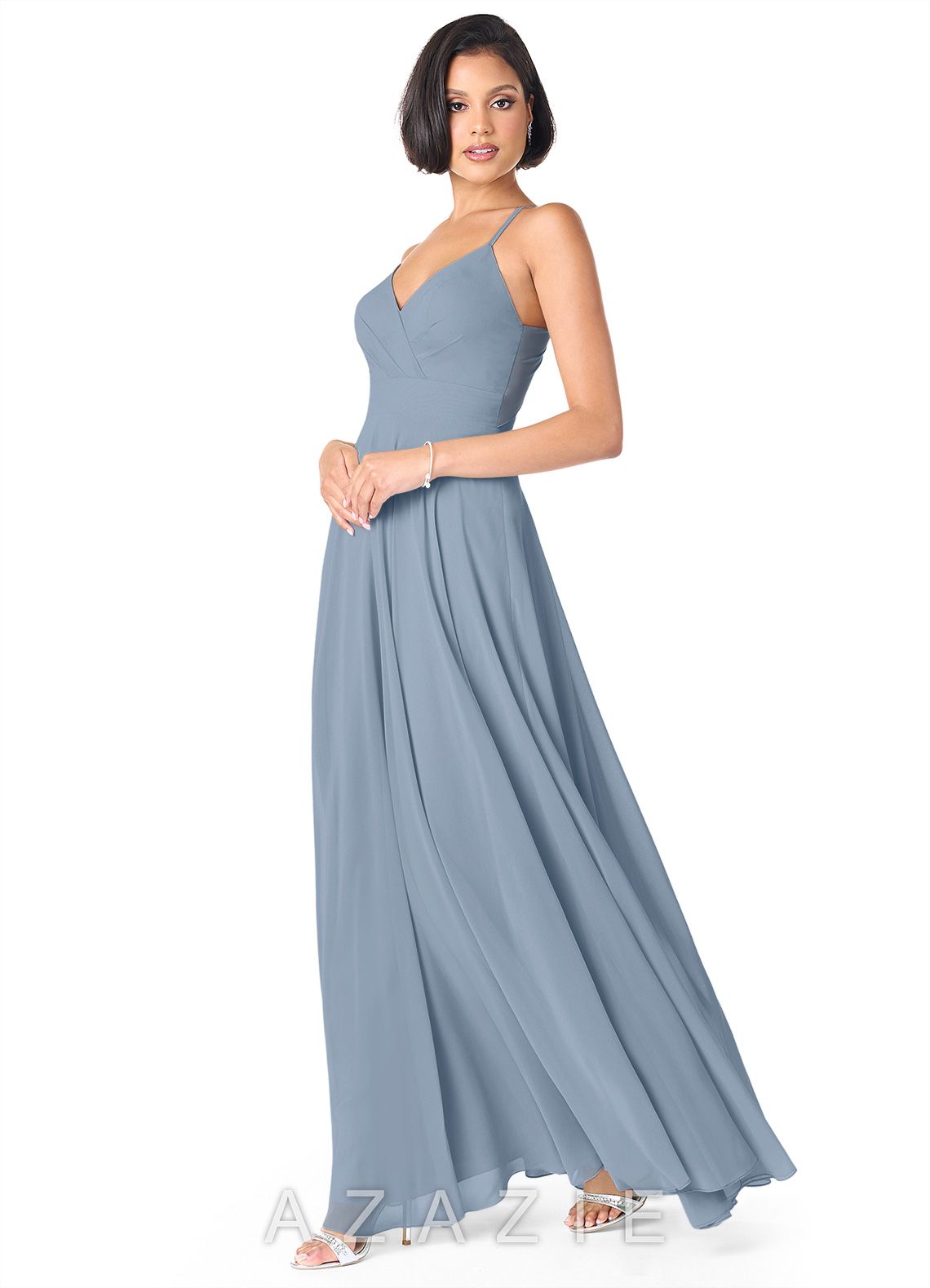 Azazie Avelina Dusty Blue A-Line V-Neck Pleated Chiffon Dress dusty_blue