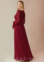 Azazie Leonia Burgundy A-Line Long Sleeve Chiffon Dress burgundy