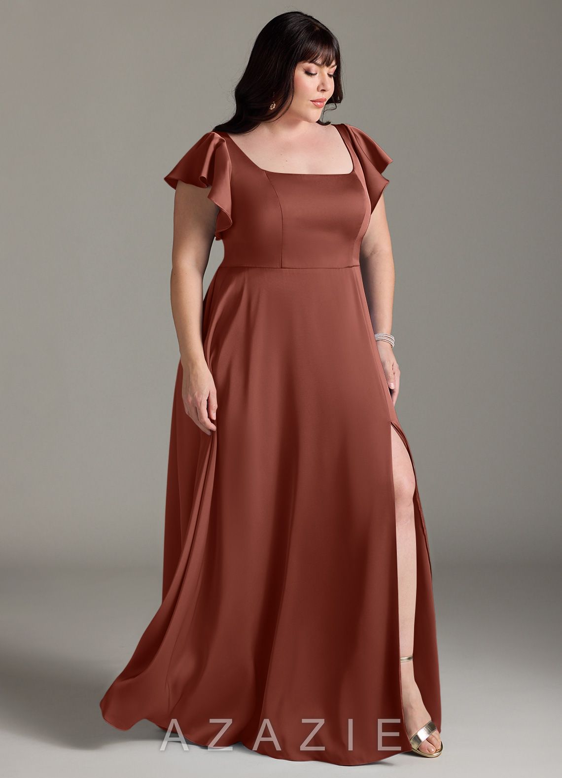 Azazie Bondi Auburn A-Line Bow Stretch Satin Dress auburn