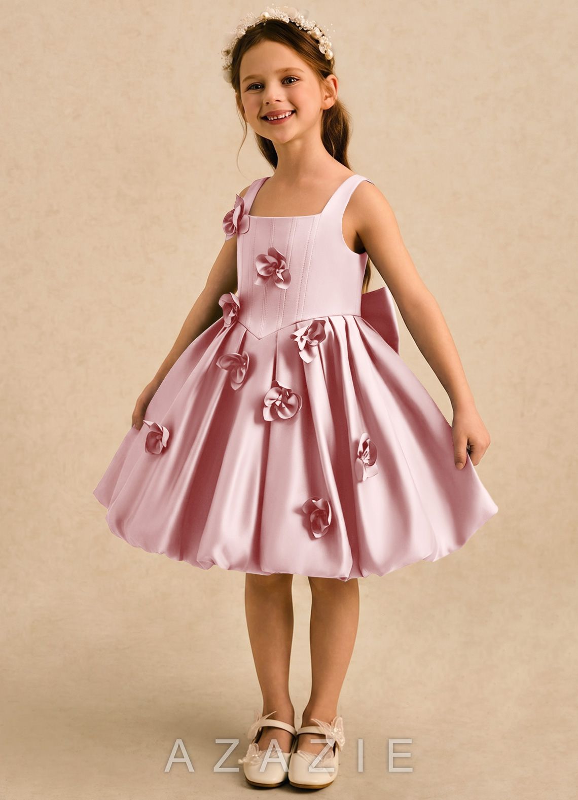 Azazie Lillian Powder Pink Ball-Gown Pleated Matte Satin Dress