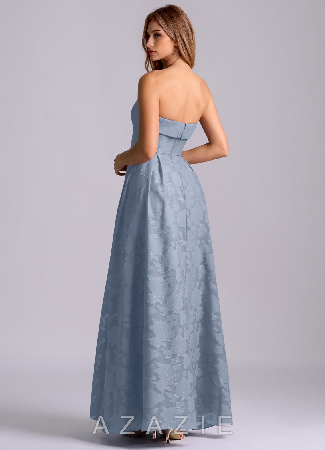 Azazie Lucienne Dusty Blue A-Line Strapless Floral Burnout Dress dusty_blue
