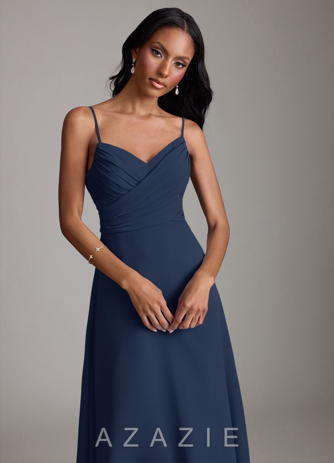 Azazie Kali Dark Navy A-Line Pleated Chiffon Dress dark_navy