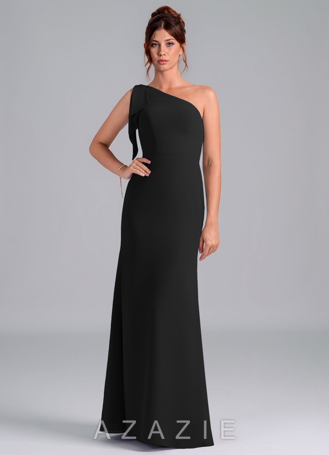 Azazie Rinna Black Mermaid One Shoulder Chiffon Dress