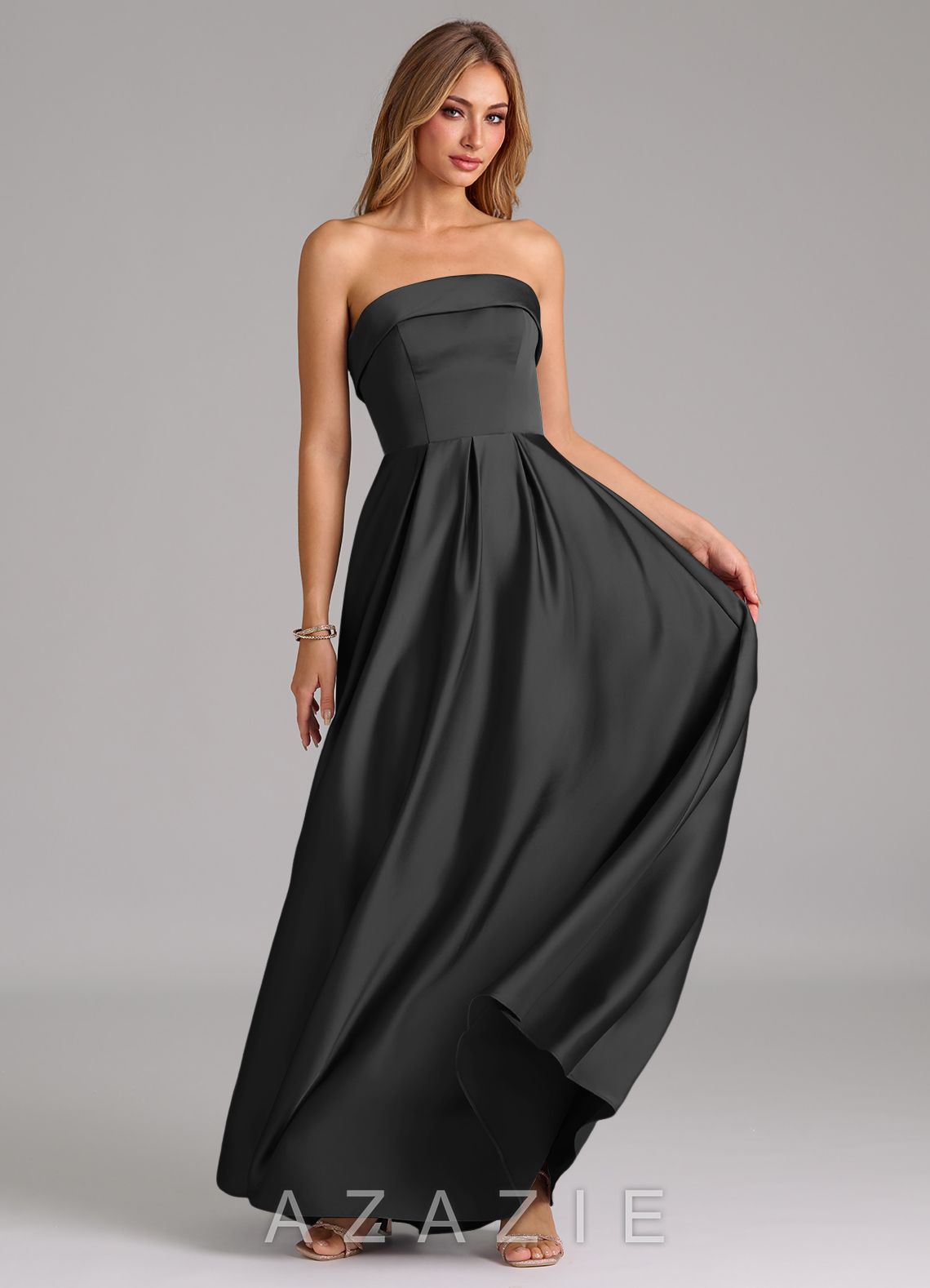 Azazie Lucienne Black A-Line Strapless Stretch Satin Convertible Dress black