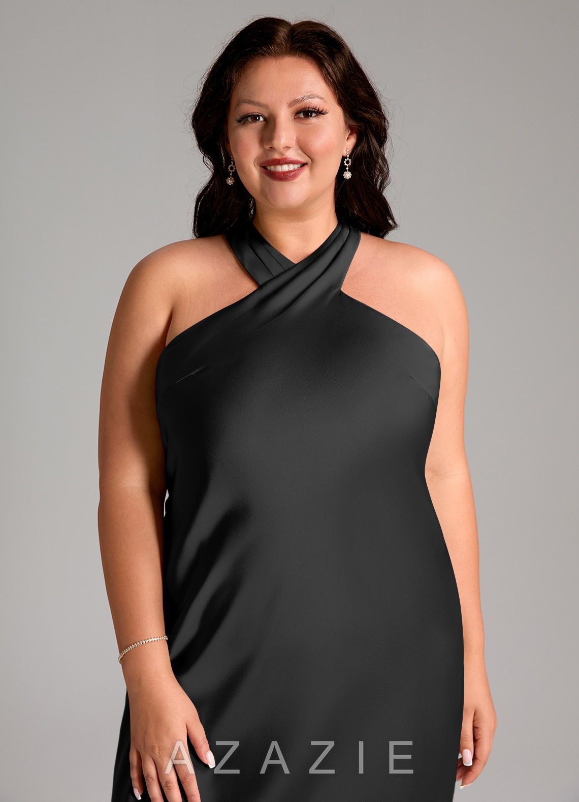 Azazie Doretta Black Mermaid Pleated Stretch Satin Dress black