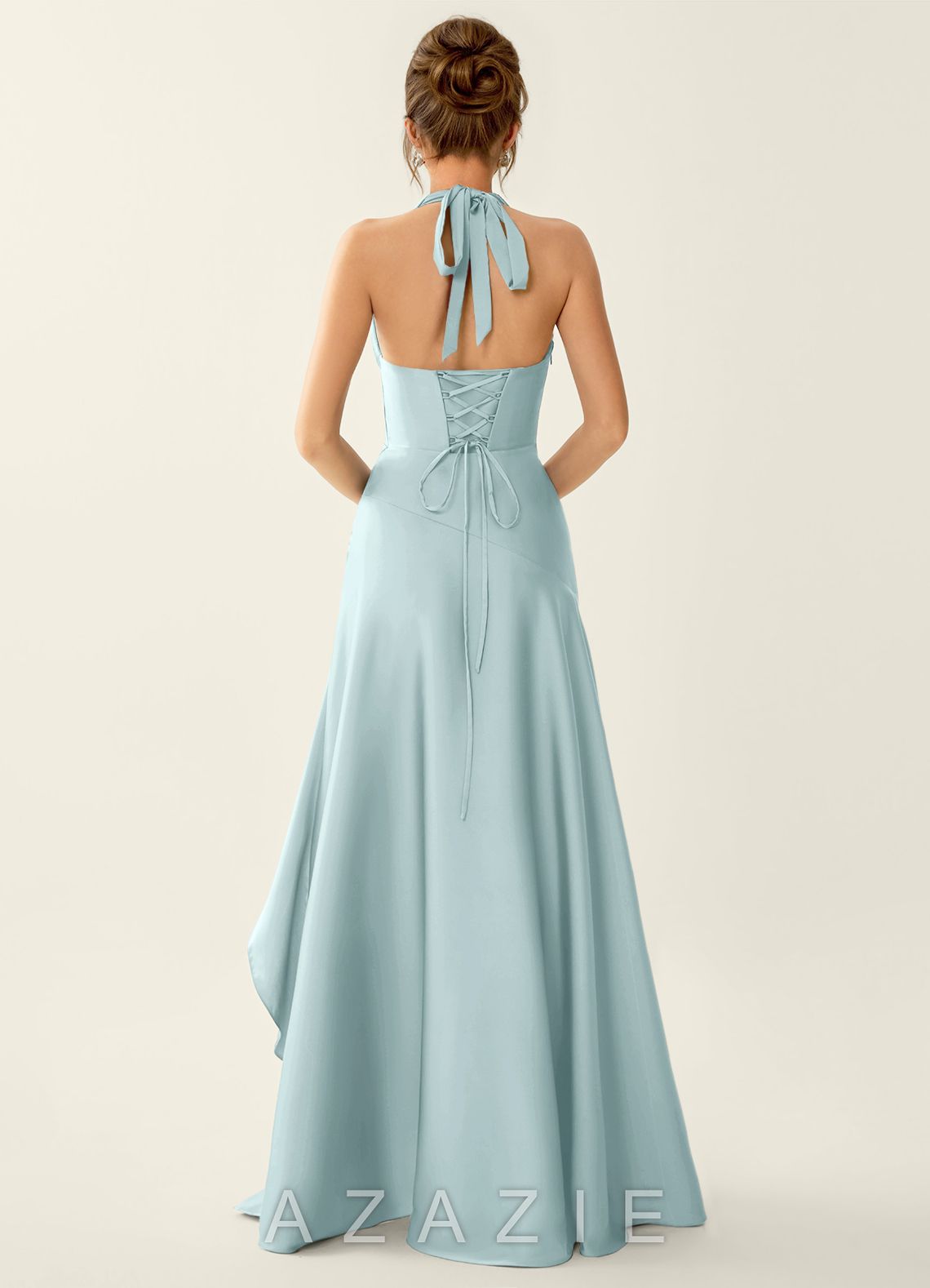 Titania Mist Satin Halter Ruffled Vacation Dress