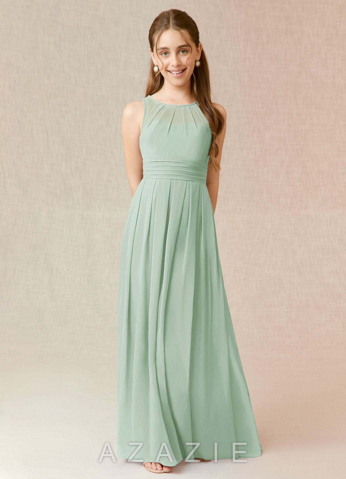 Azazie Bibiane Junior Agave A-Line Pleated Chiffon Dress