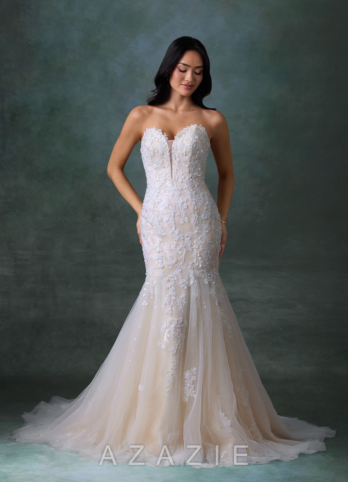 Azazie Chelley Diamond White Champagne Mermaid Strapless Tulle Dress diamond_white/champagne