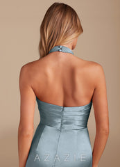 Azazie Jemma Dusty Blue Sheath Pleated Metallic Satin Dress dusty_blue