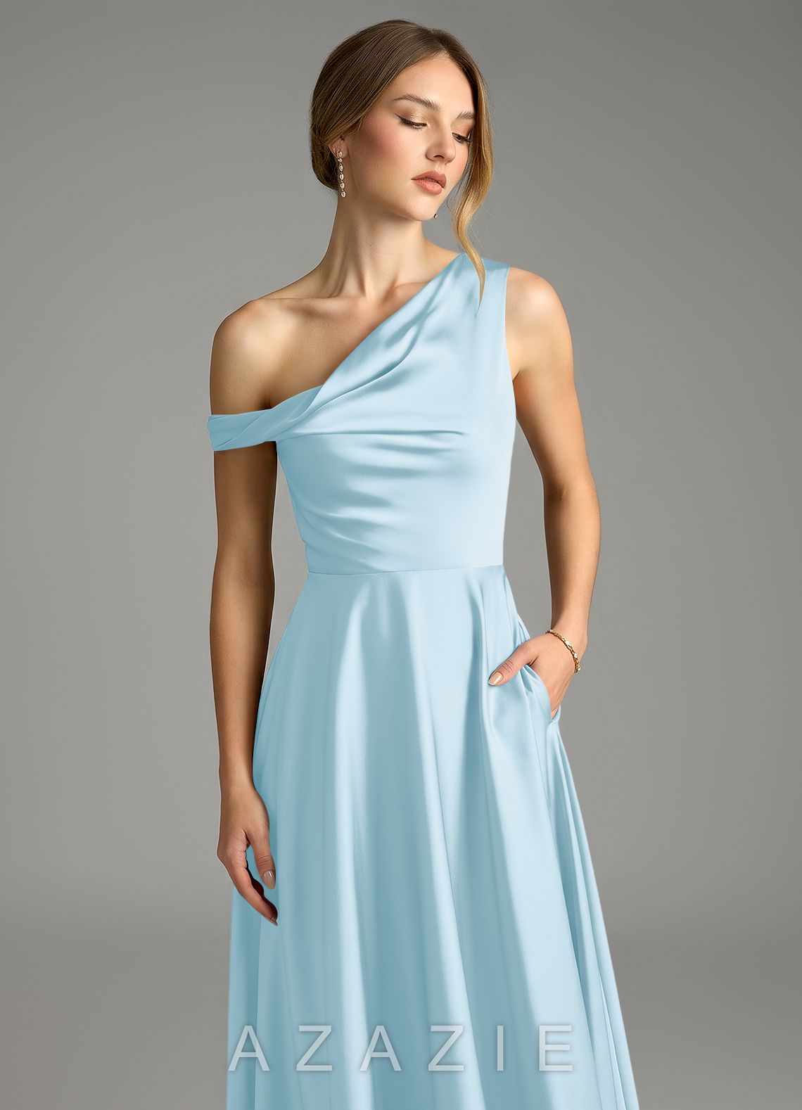 Azazie Xanthe Sky Blue A-Line Off the Shoulder Stretch Satin Dress sky_blue