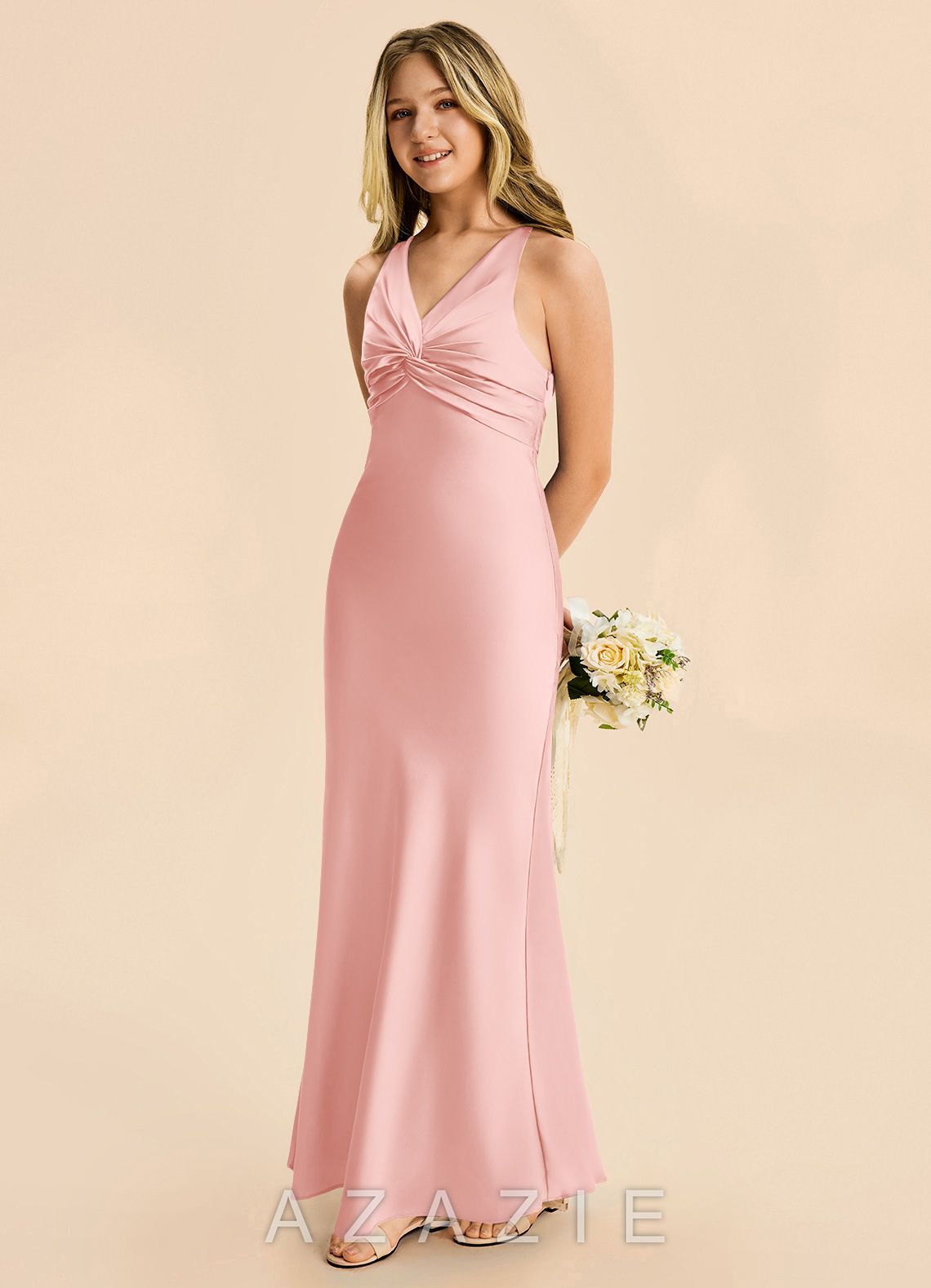 Azazie Hati Junior Powder Pink Mermaid Stretch Satin Dress