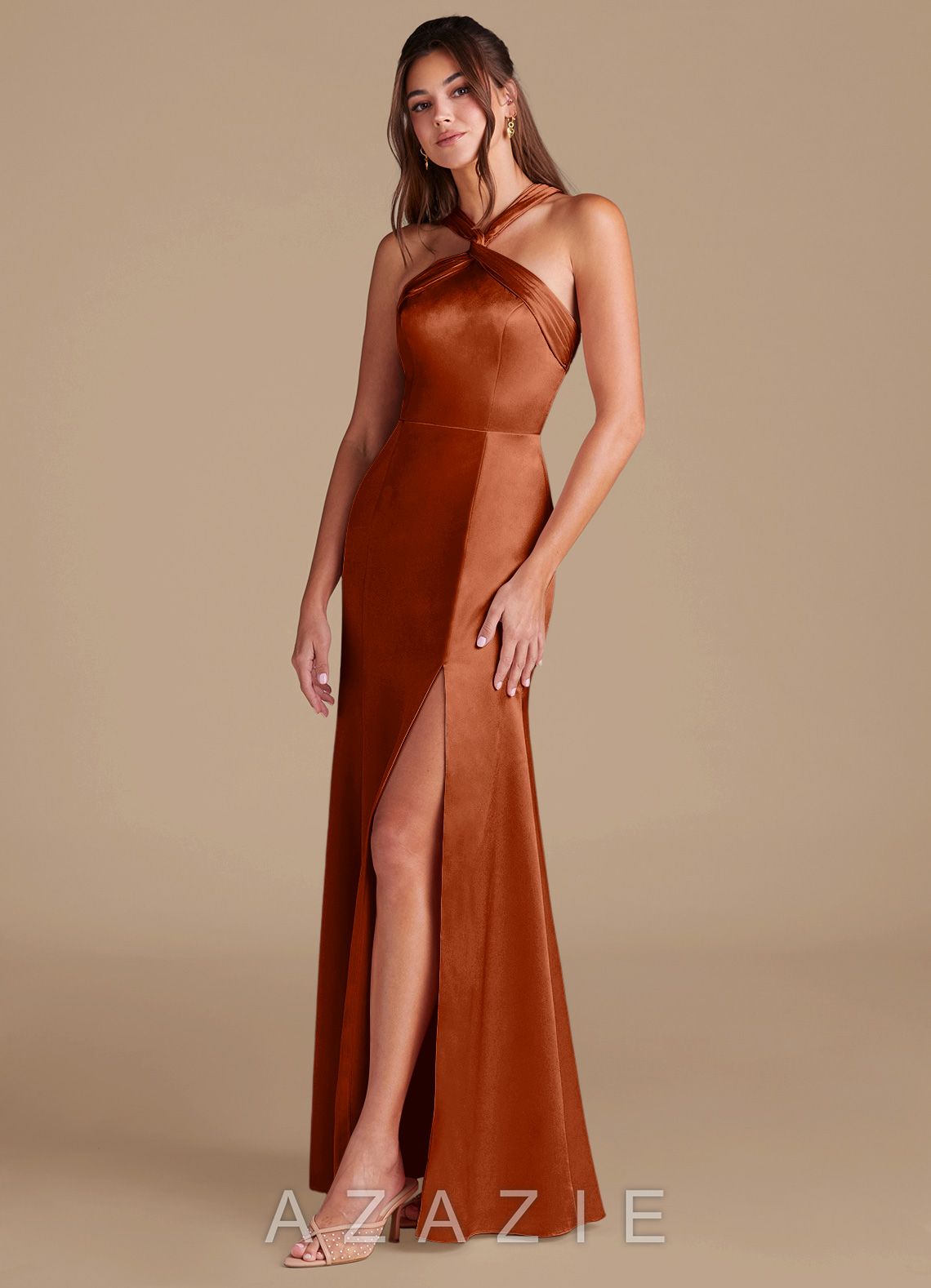 Azazie Rue Auburn Mermaid Pleated Metallic Satin Dress auburn