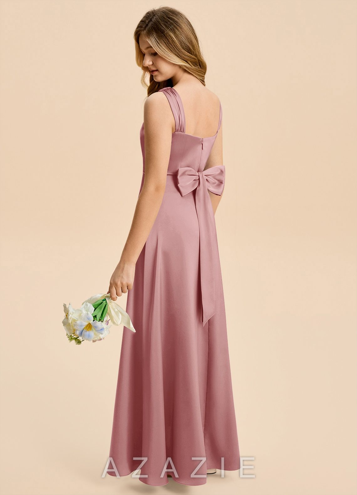 Azazie Kiki Junior Dusty Rose A-Line Bow Stretch Satin Dress dusty_rose