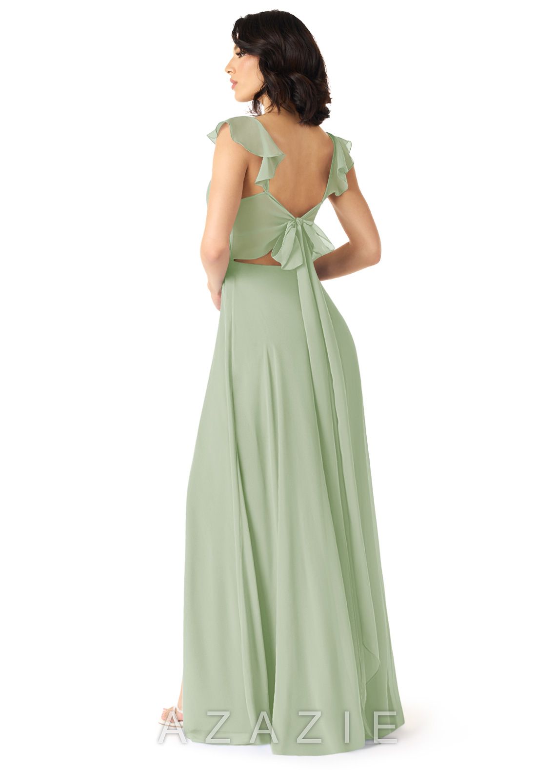 Azazie Everett Dusty Sage A-Line V-neck Ruched Chiffon Dress dusty_sage