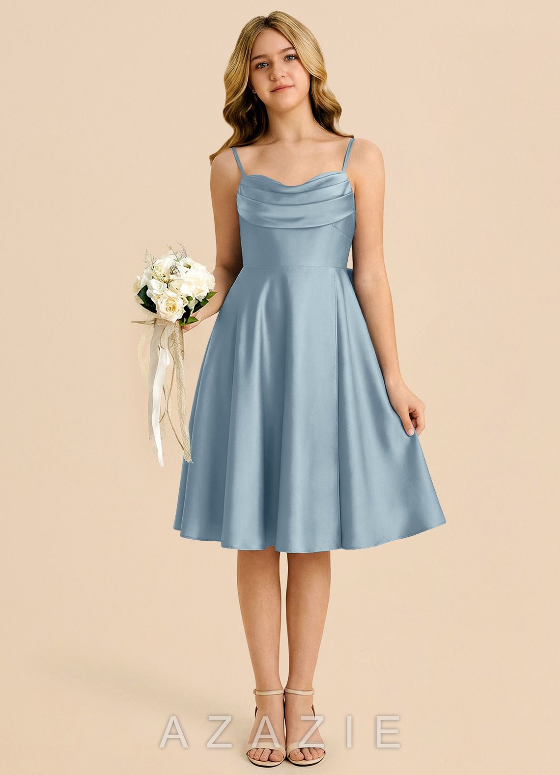 Azazie Bear Junior Dusty Blue A-Line Sweetheart Neckline Stretch Satin Dress dusty_blue