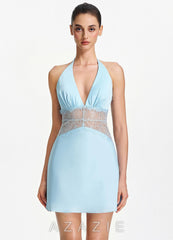 Dorotheiana Sky Blue Lace Satin Open Back A-line Mini Dress