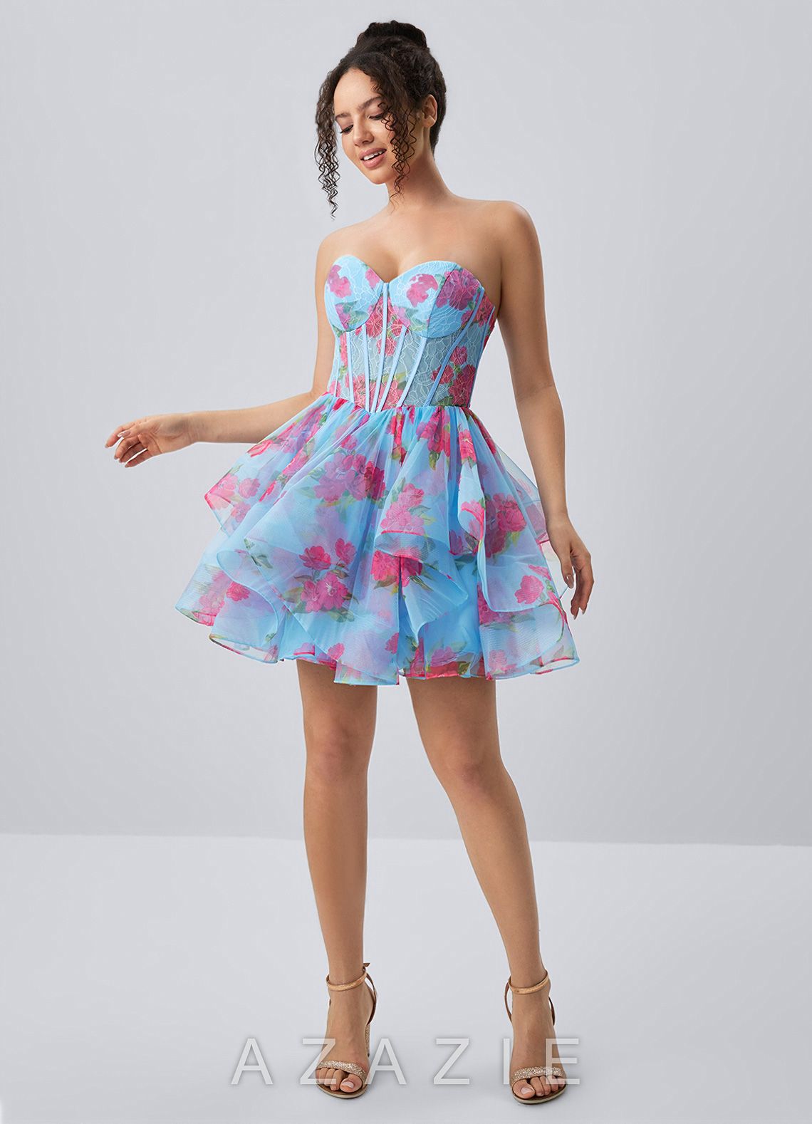 Reliau Blue Lace Print Tulle Corset A Line Lace-Up Mini Dress