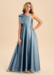 Azazie Penguin Junior Dusty Blue A-Line Bow Stretch Satin Dress dusty_blue