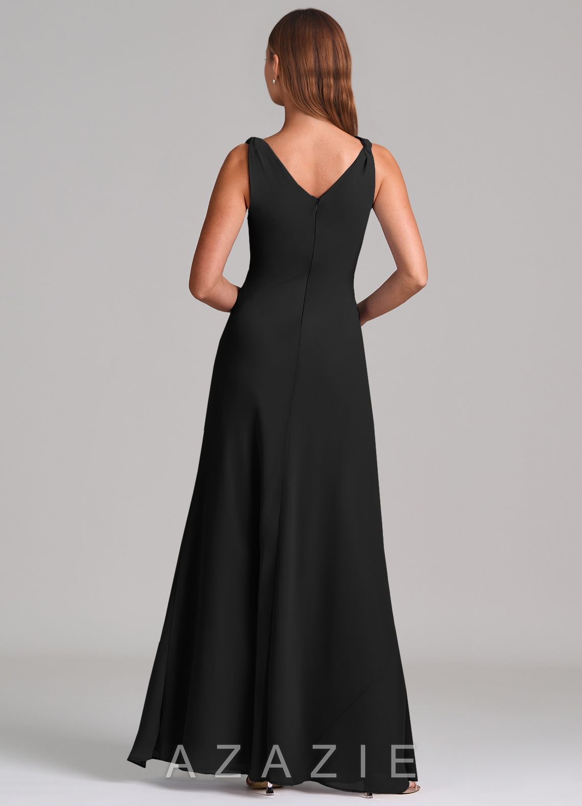 Azazie Nerine Black A-Line Pleated Chiffon Dress black