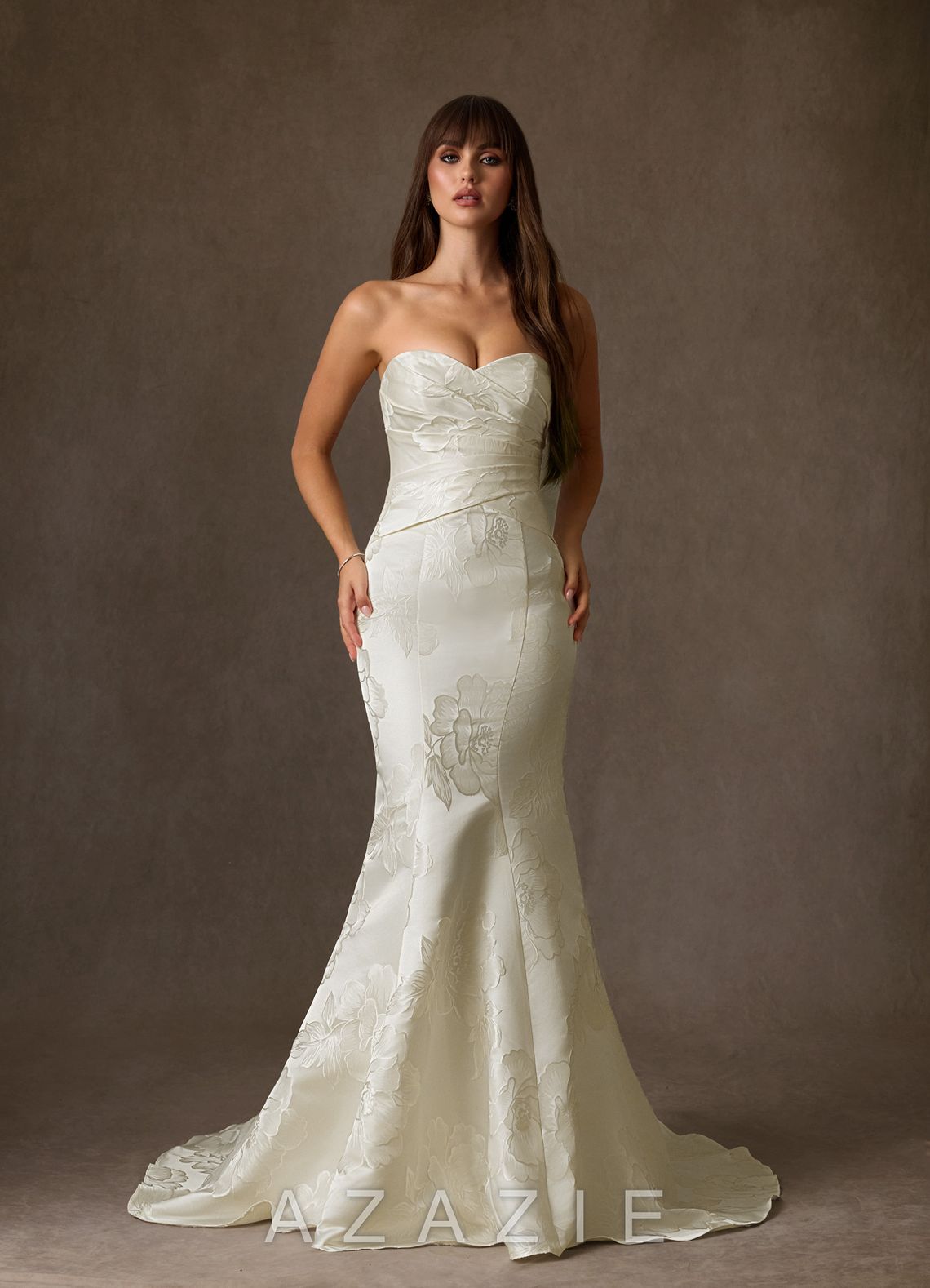 Azazie Nita Cream Mermaid Strapless Floral Jacquard Dress cream