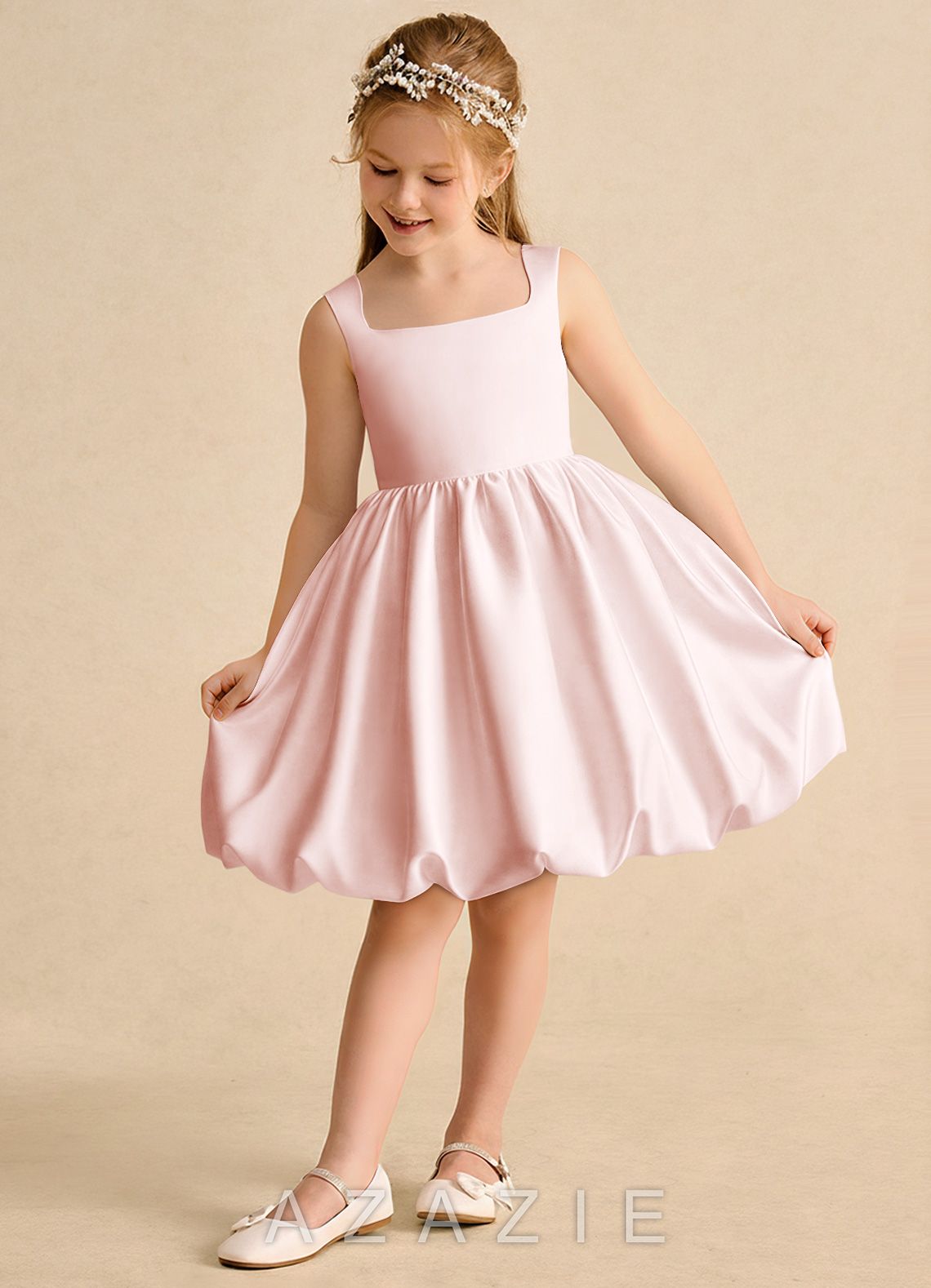 Azazie Nirvana Blushing Pink Ball-Gown Ruched Matte Satin Dress blushing_pink