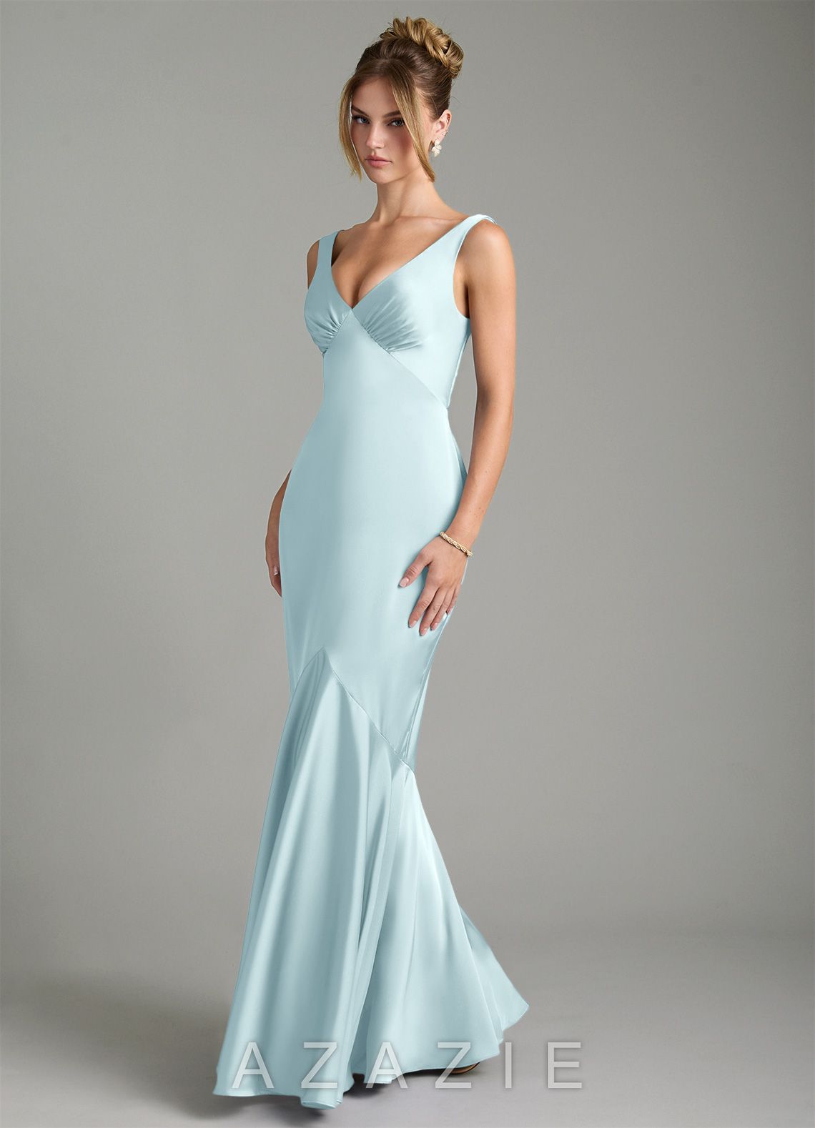 Azazie Alena Cloud Blue Mermaid Pleated Stretch Satin Dress cloud_blue