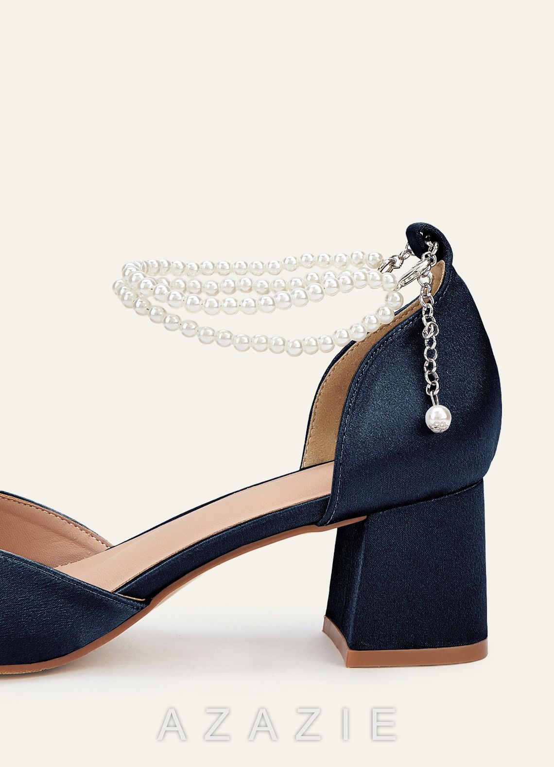 Matching Color Metallic Satin Pearl Strap Pointed Toe Block Heels  dark_navy