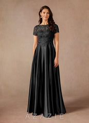 Azazie Adina Black A-Line Lace Metallic Satin Dress