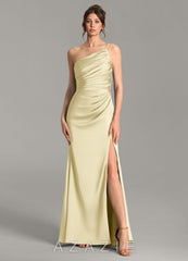 Azazie Hudsyn Lemon Sorbet Mermaid One Shoulder Stretch Satin Dress