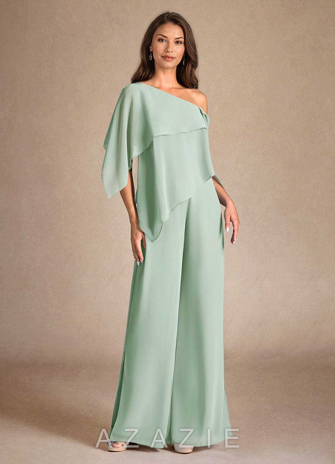 Azazie Halima Agave Jumpsuit/Pantsuit Side Slit Chiffon Dress agave