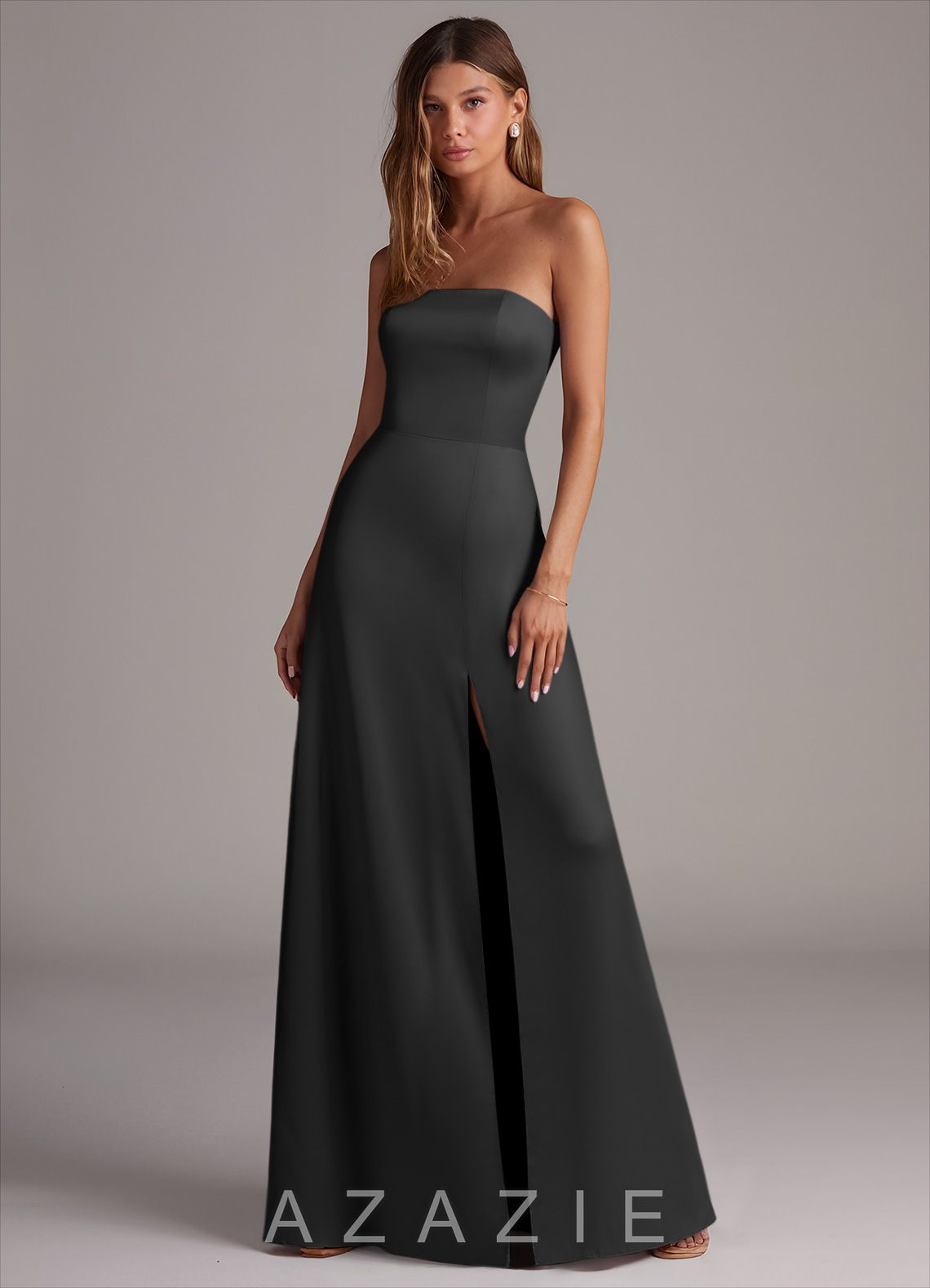 Azazie Wren Black A-Line Strapless Stretch Satin Convertible Dress