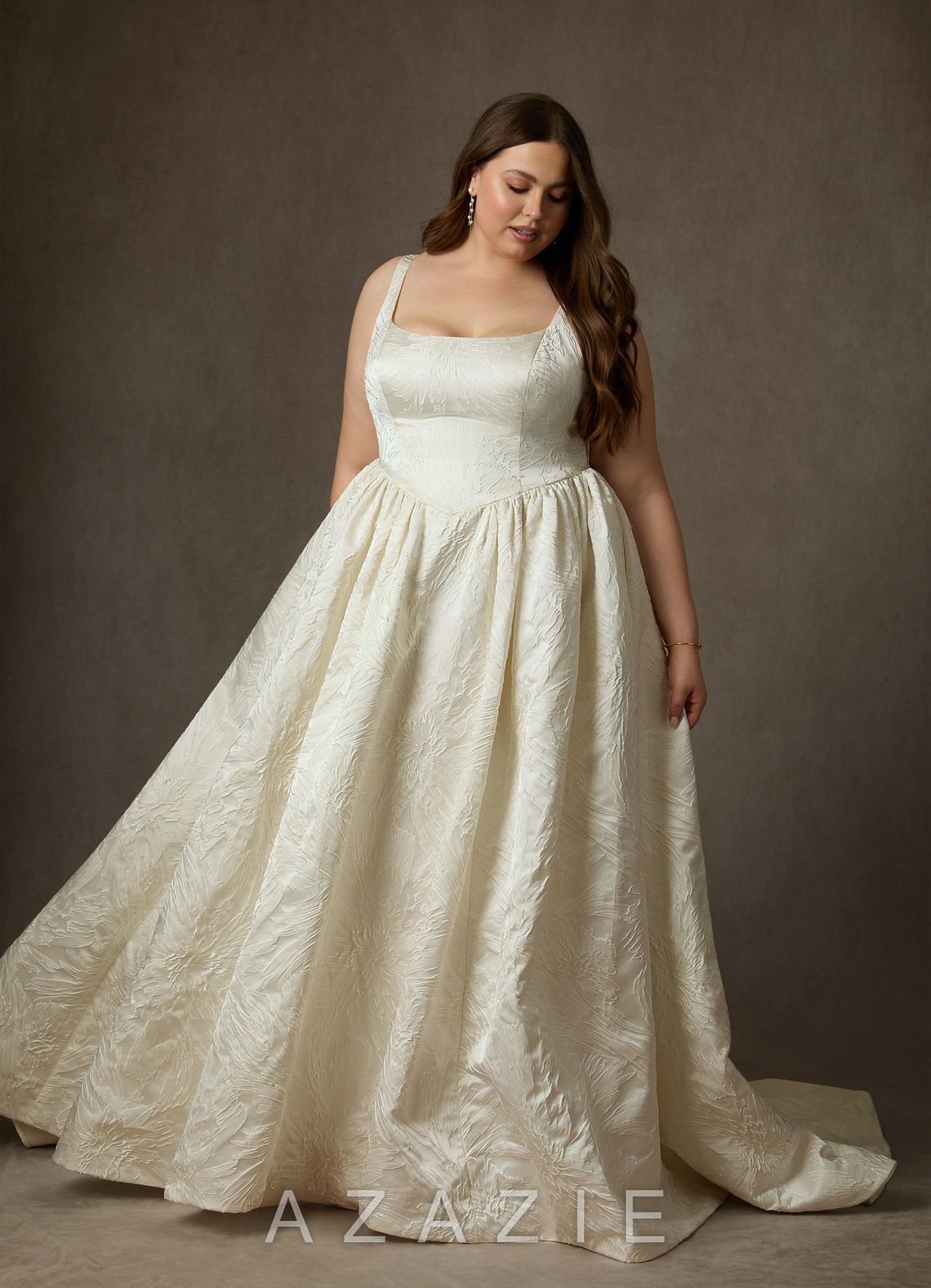 Azazie Skylin Antique White Ball-Gown with Pockets Floral Jacquard Dress antique_white