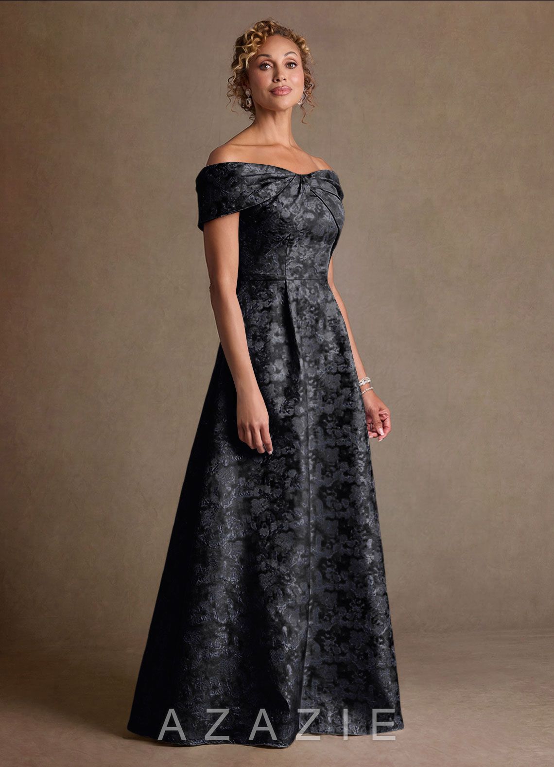 Azazie Harriett Black A-Line Off the Shoulder Floral Jacquard Dress black
