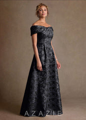 Azazie Harriett Black A-Line Off the Shoulder Floral Jacquard Dress black