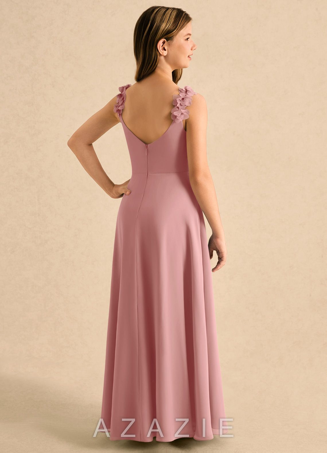 Azazie Masie Girls Formal Dusty Rose A-Line Pleated Chiffon Dress dusty_rose