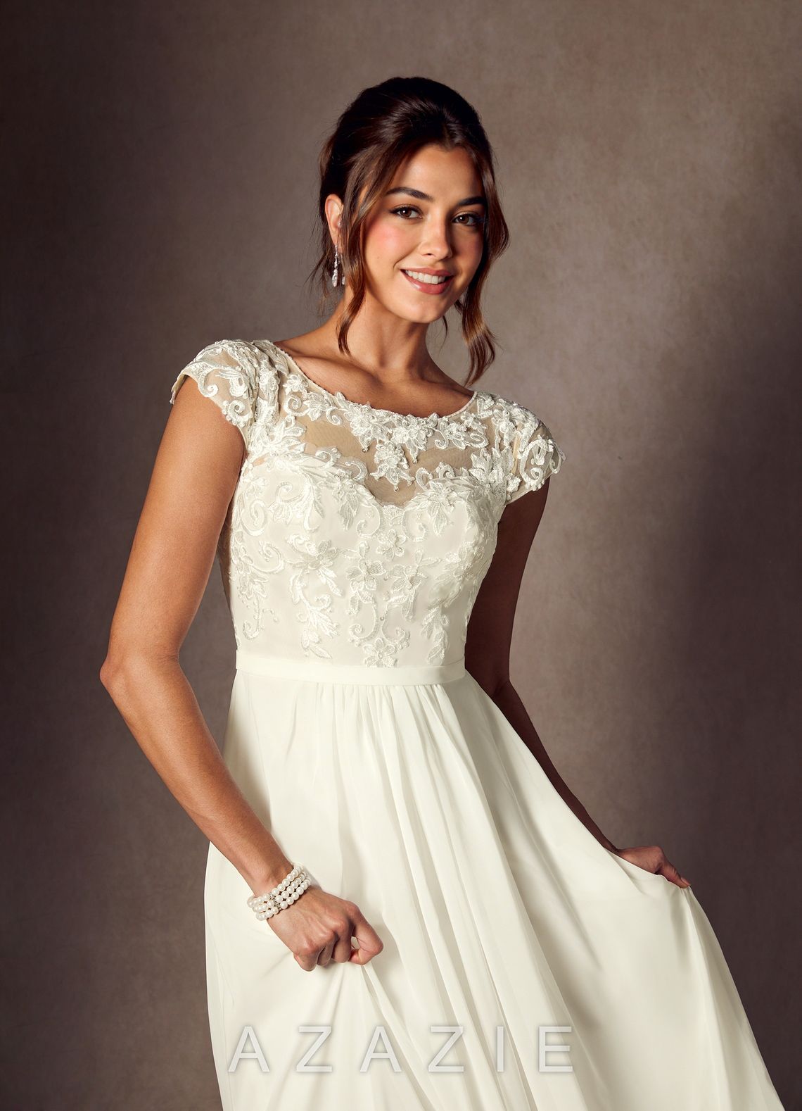 Azazie Brynslee Wedding Dress Cream A-Line Scoop Sequins Chiffon Dress cream