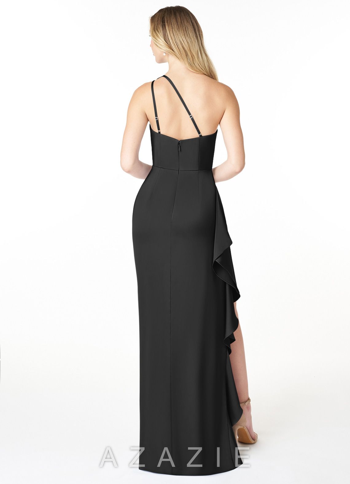 Azazie Latrice Black Sheath One Shoulder Cascading Ruffles Stretch Satin Dress black