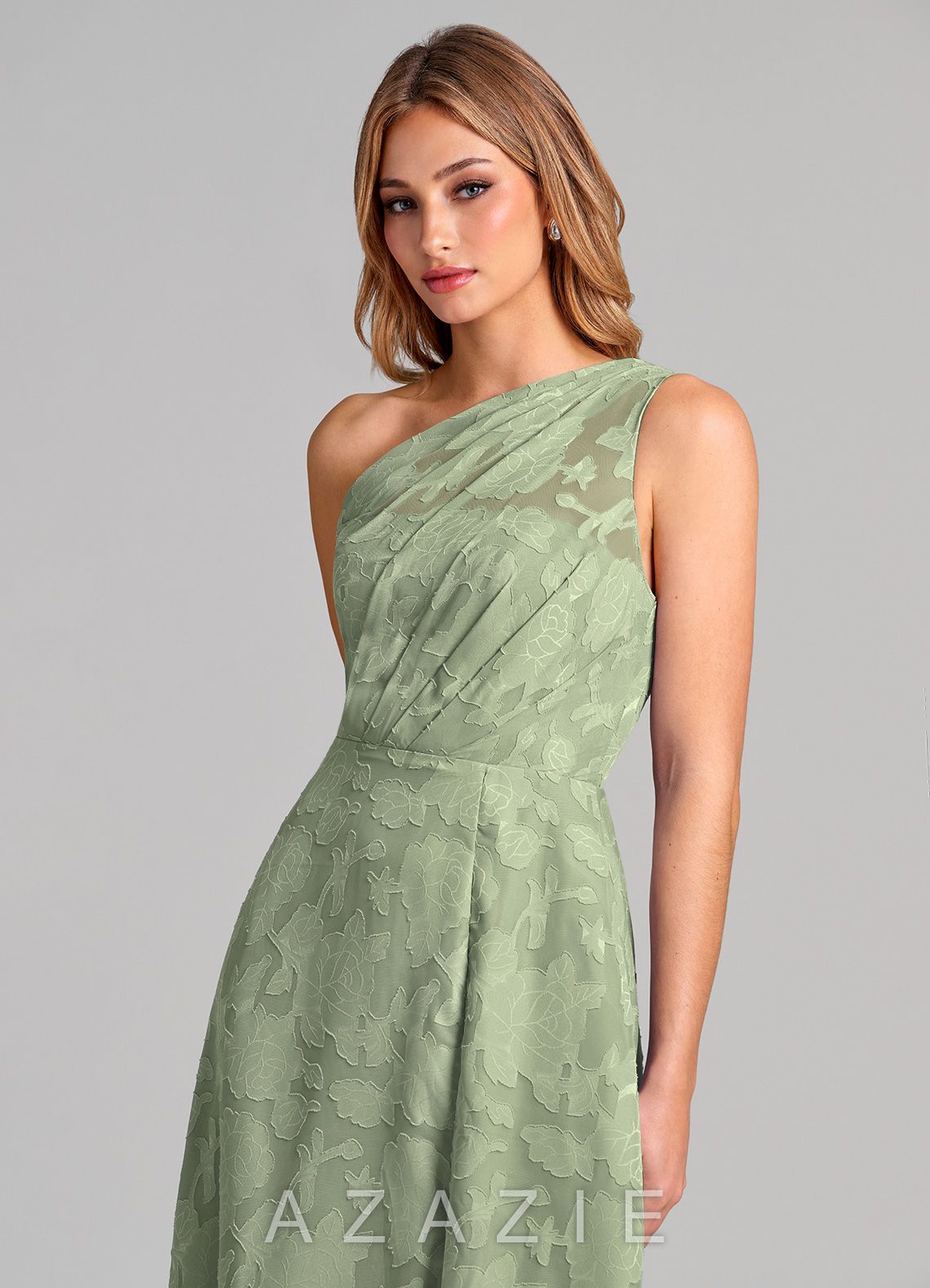 Azazie Phaedra Agave A-Line One Shoulder Floral Burnout Dress agave